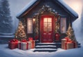 a holidays gifts delivery snowfall warm cozy holiday cabin seasons greetings country christmas night snow evening lights snowy Royalty Free Stock Photo