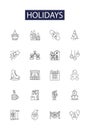 Holidays line vector icons and signs. Breaks, Retreats, Respite, Festivity, Celebrations, Getaways, Outings, Celebrates