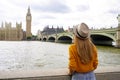 Holidays in London. Rear view of traveler girl visiting London City with Westminster palace and bridge on Thames river and famous Royalty Free Stock Photo
