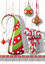 Holidays motive, Christmas decorations with abstract cone tree and glass jar with candy canes, illustration