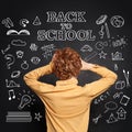 Holidays over. Shocked child on chalkboard background with Back to school text