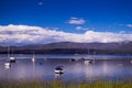 White yachts and blue clear water Grand Lake. Fishing in the rocky mountains Royalty Free Stock Photo