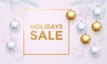 Holidays Sale white poster banner golden luxury Christmas balls Royalty Free Stock Photo