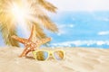 Holidays. sand beach, sunglasses and starfish in front of summer sea background with copy space Royalty Free Stock Photo