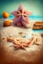 Holidays. sand beach, sunglasses and starfish in front of summer sea background with copy space. Royalty Free Stock Photo