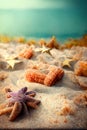 Holidays. sand beach, sunglasses and starfish in front of summer sea background with copy space. Royalty Free Stock Photo