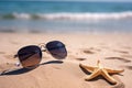 Holidays. sand beach, sunglasses and starfish