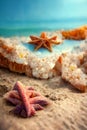 Holidays. sand beach, sunglasses and starfish in front of summer sea background with copy space. Royalty Free Stock Photo