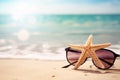 Holidays. sand beach, sunglasses and starfish Royalty Free Stock Photo