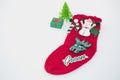 Holidays symbol stocking. Red christmas sock with gifts on a light background. Christmas background with copyspace Royalty Free Stock Photo
