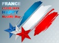 Holidays template with grunge, brush texture on national flag colors for France Independence Day Royalty Free Stock Photo