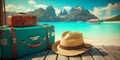 Holidays in the tropics. Luggage stands on wooden pier. Travel suitcases. In the background, a view of the turquoise ocean.