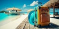 Holidays in the tropics. Luggage stands on wooden pier. Travel suitcases. In the background, a view of the turquoise ocean.