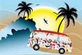 Holidays under the sun - colorful van with surfboard under palms on the beach Royalty Free Stock Photo