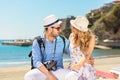 Holidays, vacation, love and friendship concept - smiling couple having fun Royalty Free Stock Photo