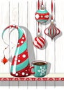 Holidays motive, Christmas decorations with abstract cone tree and cup of coffee, illustration