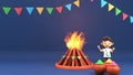 Holika Dahan Celebration Background With Bonfire, Cartoon Boy Playing Colors, Clay Pots Full Of Color Powder Gulal In 3D