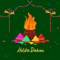 Holika Dahan Concept with Bonfire, Color Powder (Gulal) Filled Bowls, Loudspeaker Poles Decorated Bunting Flags on Green