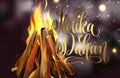 Holika Dahan greeting card design with a realistic fire