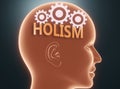 Holism inside human mind - pictured as word Holism inside a head with cogwheels to symbolize that Holism is what people may think