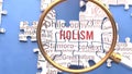 Holism and related ideas on a puzzle pieces. A metaphor showing complexity of Holism analyzed with a help of a magnifyin Royalty Free Stock Photo