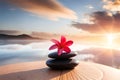 Holistic health concept of zen stones with deep red plumeria flower on blurred background. Text body mind soul Ai generated Royalty Free Stock Photo