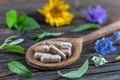 Holistic medicine approach. Healthy food eating, dietary supplements, healing herbs and flowers. wooden background, c.