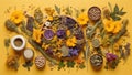 Holistic medicine approach. Healthy food eating, dietary supplements, healing herbs and flowers on yellow background, top view Royalty Free Stock Photo