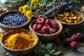 Holistic medicine concept, healthy food eating, dietary supplements, healing herbs and flowers. Royalty Free Stock Photo