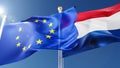 holland and European Union flags waving in the wind against a blue sky. netherlands, eu national symbols 3d rendering Royalty Free Stock Photo