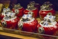 Holland gouda cheese in a shop window. Royalty Free Stock Photo