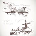 Holland hand drawn landscape in vintage style