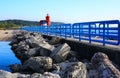 Blue Fences and big Stones on the pier near Big Red lighthouse at the Holland. State of Michigan