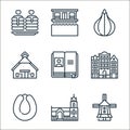 holland line icons. linear set. quality vector line set such as windmill, church, rookworst, dutch, anne frank, farm, tulip,