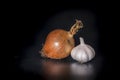Holland Onions and galic on a black background with low light..