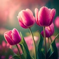 Holland\'s Pink tulips bloom in an orangery spring season at blurry background, closeup Royalty Free Stock Photo