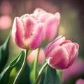 Holland\'s Pink tulips bloom in an orangery spring season at blurry background, closeup Royalty Free Stock Photo