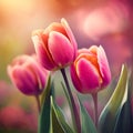 Holland\'s Pink tulips bloom in an orangery spring season at blurry background, closeup Royalty Free Stock Photo