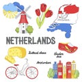 Holland stickers. Cultural and excursion symbols. Poster with tulips, Dutch cheese, Bicycle, wooden clogs and windmills. Vector il