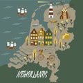 Holland travel cultural and sightseeing symbols frame background poster with tulips wooden clogs and windmills vector