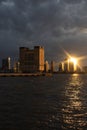 Holland Tunnel Ventilation Shaft and Pier 34 at Hudson River Park in New York City during a Sunset Royalty Free Stock Photo