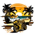 Holliday road trip by motorbike. Silhouettes of palm trees with the setting sun in the background. cartoon vector illustration,