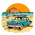 Holliday road trip by vehicle. A parked car on the beach with the setting sun in the background. cartoon vector illustration.