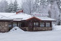 Hotel in a stone building in winter, Hollola, Finland.