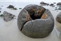 Hollow Moeraki Boulder on beach in New Zealand Royalty Free Stock Photo