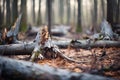 hollow tree trunks in dying forest