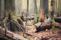 hollow tree trunks in dying forest