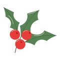 Holly berry badge. Mistletoe sprig with green leaves and red berries in flat style Royalty Free Stock Photo