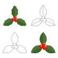 Holly berry Christmas icon set. Element for design. Cartoon simple mistletoe decorative colour and graphic ornament