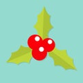 Holly berry icon. Mistletoe. Green leaf Three red berries. Merry Christmas symbol. Flat design. Blue background. Isolated. Royalty Free Stock Photo
